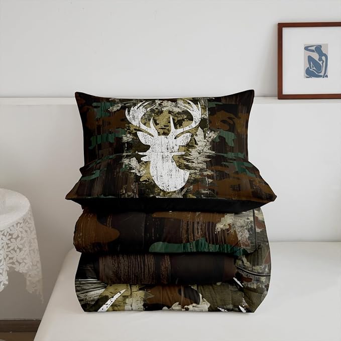 Feelyou Kids Camo Deer Bedding Set Full Size, Deer Hunting Comforter Set Green Camo Comforter for Boys Girls Antlers Duvet Insert Microfiber Bed Set