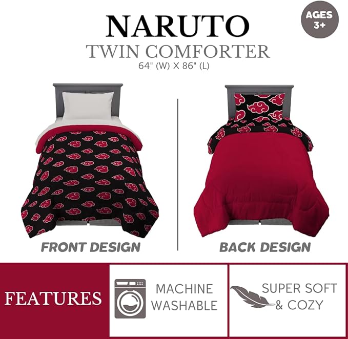 Naruto Anime Akatsuki Pattern Bedding Soft Microfiber Comforter, Twin, (Official Naruto Product) by Franco