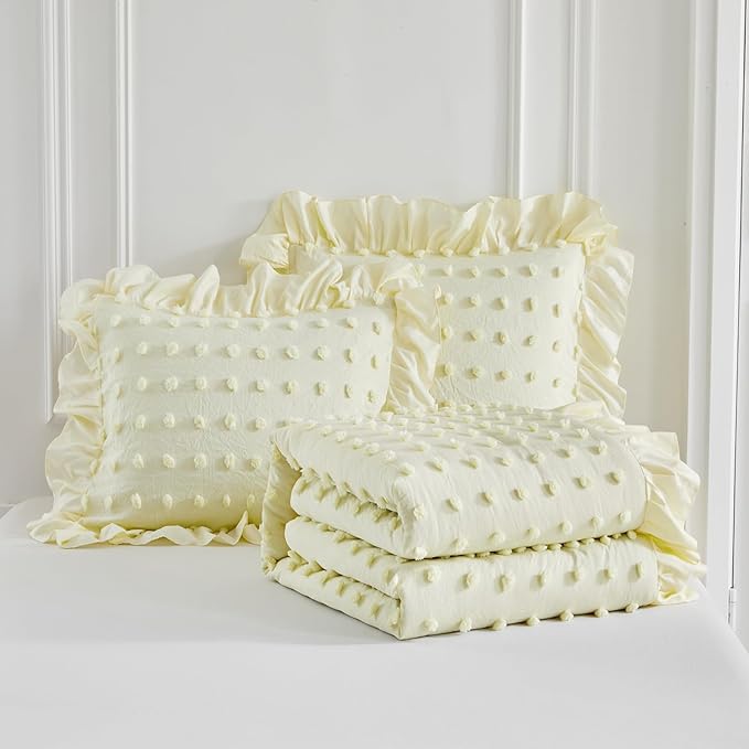 Flysheep Tufted Dots Ruffle Comforter Set Twin Size, 3 Pieces Yellow Vintage Farmhouse Shabby Chic Comforters, Jacquard Boho Bohemian Bedding Set for Kids (1 Ruffled Comforter+ 2 Pillow Shams)