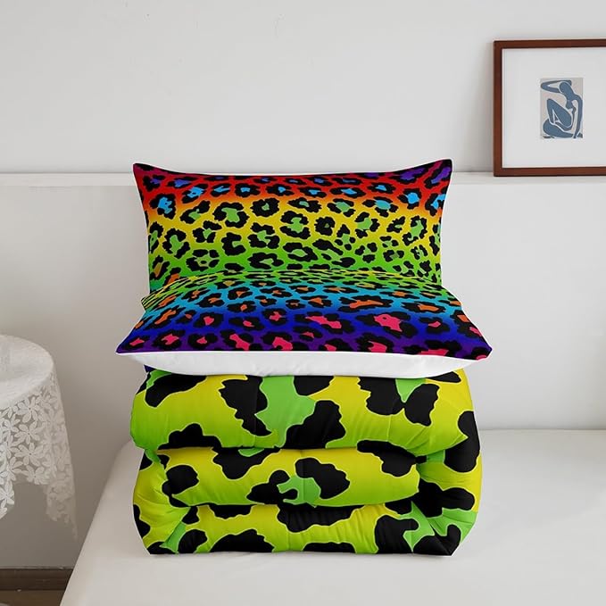 Girls Colorful Leopard Comforter Set Queen Size Women Cheetah Printed Bedding Comforters Africa Leopard Pattern Bedroom Decor Down Alternative Comforter for All Season Rainbow Leopard Print Quilt Set