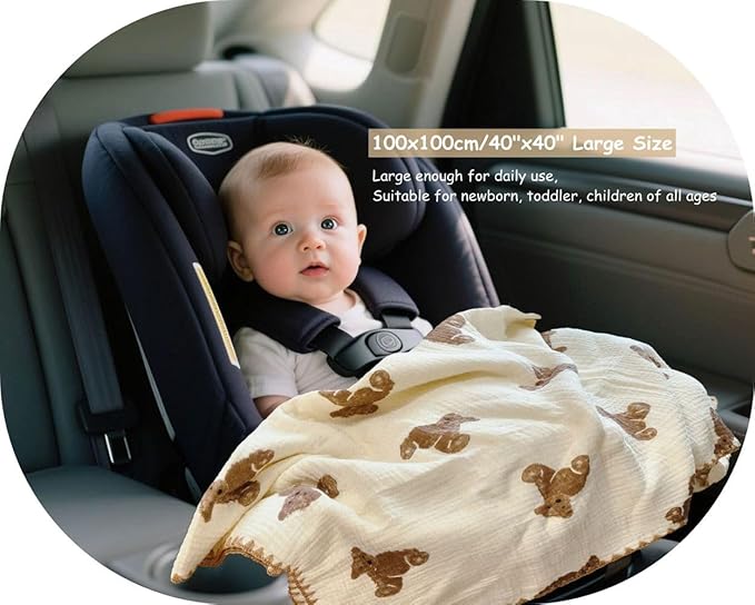 Double Layered 100% Cotton Muslin Baby Blanket Ultra-Soft 40x40 Inch Swaddling Nursery Crib Blanket(Brown Bear)