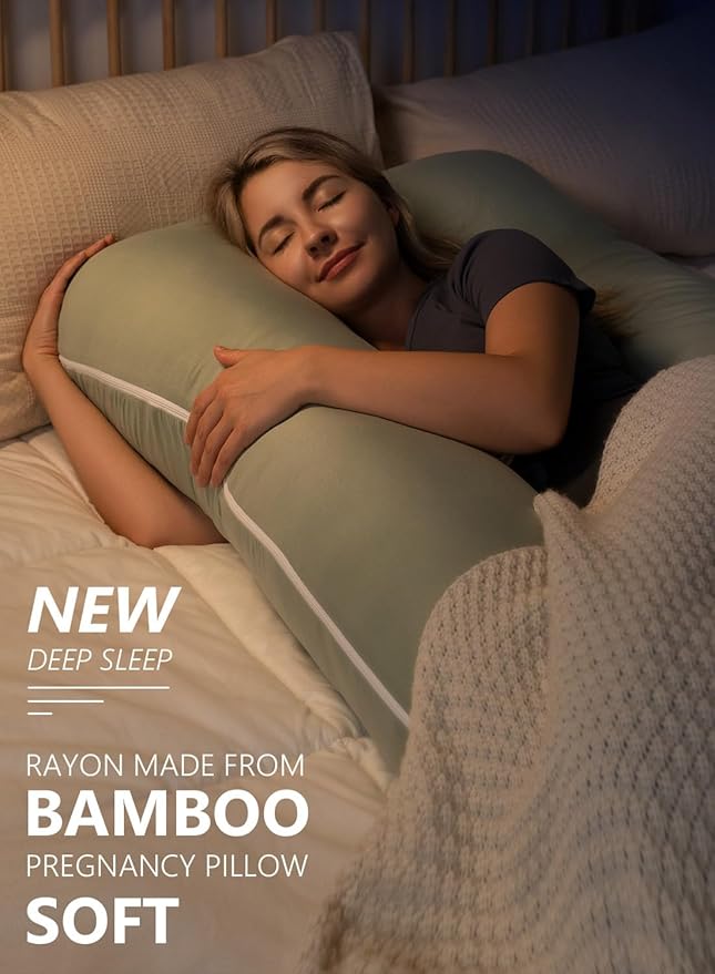 Meiz Pregnancy Pillows for Sleeping, Cooling Pregnancy Pillows, 60Inch Maternity Pillows, U Shaped Full Body Pillows for Adults with Rayon Cover from Bamboo, Sage Green