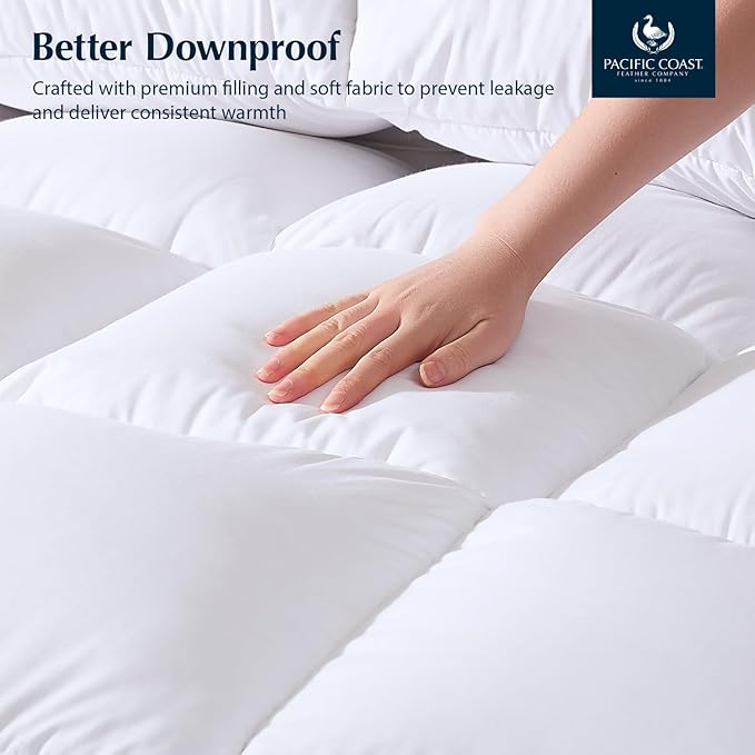 Pacific Coast Luxury White Goose Feather and Down Fiber Comforter Twin Size, All Season Fluffy Hotel Bedding Comforters, Ultra-Soft & Breathable Fabric Duvet Insert Twin with 8 Tabs, 68x90 Inch White