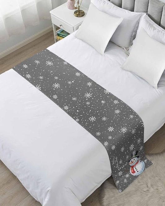 Christmas Snowman Winter Snowflakes Bed Runners for Bedroom Hotel,Decorative Bedding Scarf Gray White Bed End Blanket Bedding Runner Scarves for King Size Bed,102x20in