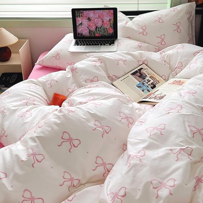 Nayoroom Pink Bow Duvet Cover Twin Size Polka Dot Bowknot Coquette Duvet Cover 2 Pieces Soft Lightweight Microfiber Girls Cute Aesthetic Dorm Bedding Set
