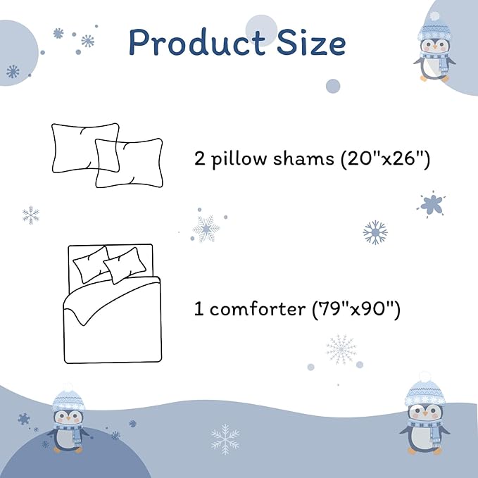JSD Penguin Snowflakes Kids Christmas Comforter Set Full Size, 3 Piece Xmas Printed Microfiber Bedding Set, Machine Washable