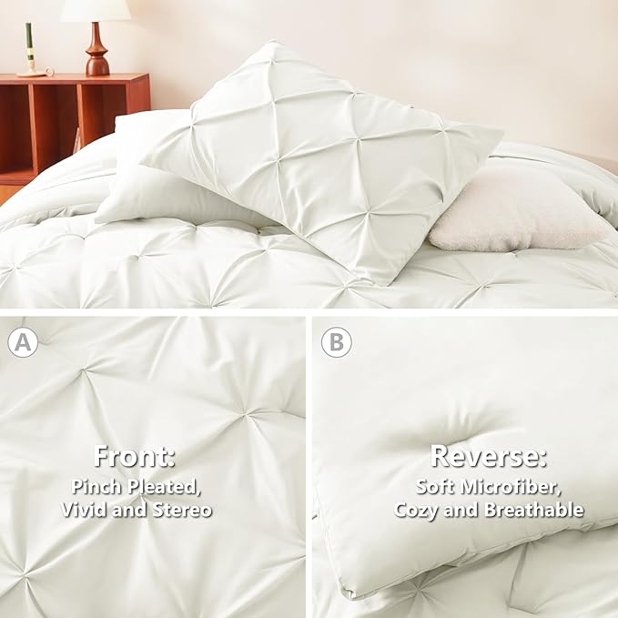 Queen Comforter Set Ivory, 7 Pieces Pintuck Bed in A Bag Queen Size Bedding, Soft Bed Set All Season Pinch Pleat Comforter Set with Sheets, Pillowcases & Shams