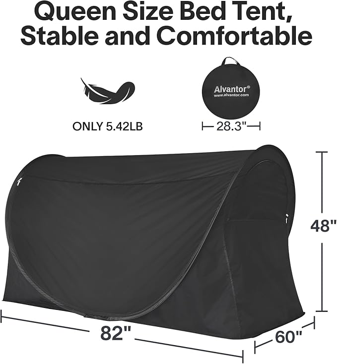 Alvantor® Pop Up Bed Tent Queen No Assembly, Queen Size Bed Canopy Blackout and Breathable Mesh Sleeping Tent Lightweight Portable Dream Tent with Carry Bag Dream Tent for Kids and Adults- Black