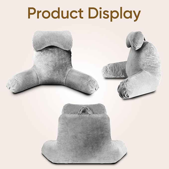 Reading Pillow for Sitting in Bed Adult, Reading Pillow with Shredded Memory Foam (LightGery, Extra Large 25" H)