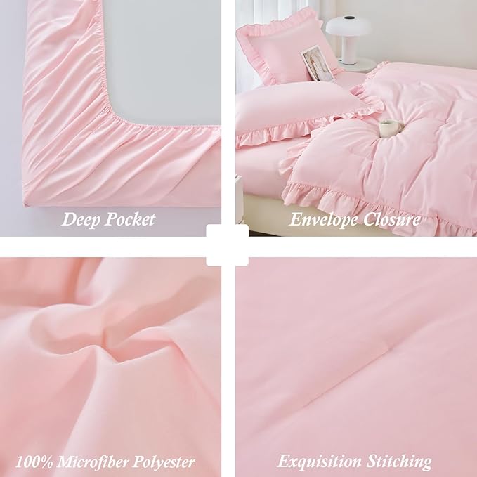 ANGIYUIN Pink Girls Comforter Sets Full Size 5 Pieces Shabby Chic Ruffle Kids Bed in A Bag with Sheets Farmhouse Soft Fluffy Bedding Comforter Sets with Pillowcases(Pink Full)