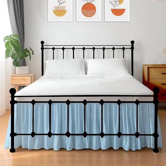 Shreem Linen Ruffled Bed Skirt with Split Corners, Gathered Style, 100% Microfiber, 28-Inch Drop, Dust Ruffle Bedskirt with Platform, Full-XL, Light Blue