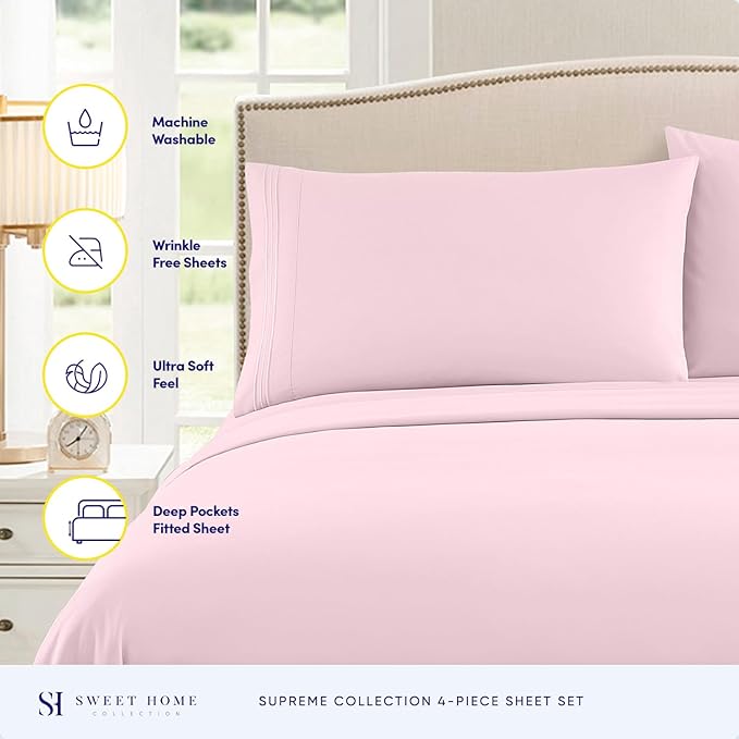 Queen Size Bed Sheets - Breathable Luxury Sheets with Full Elastic & Secure Corner Straps Built In - 1800 Supreme Collection Soft Deep Pocket Bedding, Sheet Set, EXTRA DEEP pocket - Queen, Pale Pink