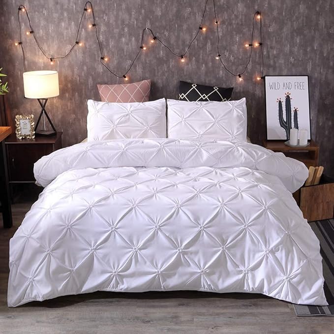 Feelyou Queen Duvet Cover Set Pinch Pleated Bedding Sets Pintuck Tufted Microfiber Polyester Luxury Comforter Cover with 2 Pillow Shams White, Solid Geometric Pattern 3 Pieces
