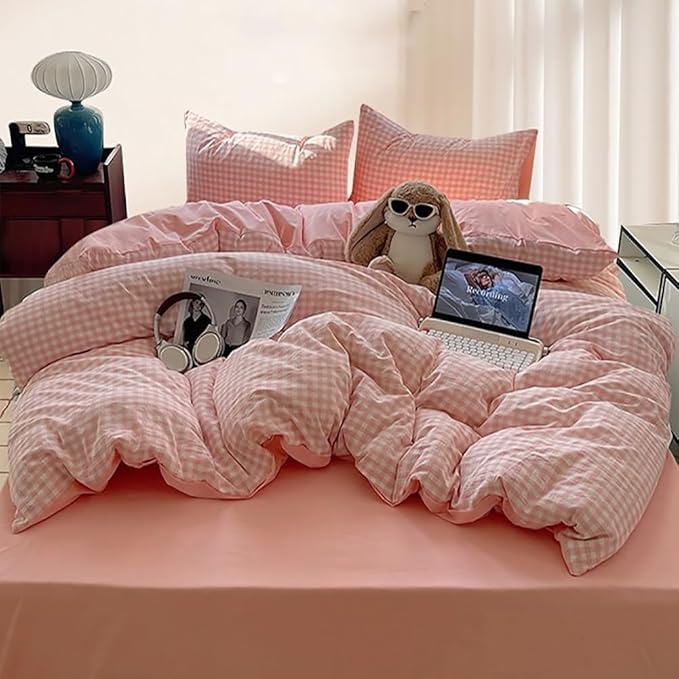 Nayoroom Gingham Duvet Cover Queen Size Reversible Pink Plaid Checkered Duvet Cover 3 Pieces Soft Breathable Washed Microfiber Girls Dorm Bedding Set for All Seasons
