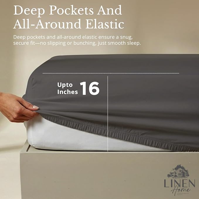 Linen Home 100% Cotton Percale Sheets Twin Size, Smoky Charcoal, Deep Pocket, 3 Pieces Set - 1 Flat, 1 Deep Pocket Fitted Sheet and 1 Pillowcase, Crisp Cool and Strong Bed Linen