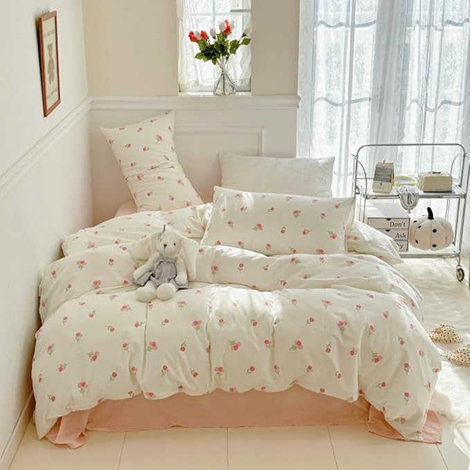 Nayoroom Pink Floral Duvet Cover Twin Size Cute Tulip Printed on White Comforter Cover 2Pcs Kids Girls Kawaii Cottagecore Bedding Set with Zipper Closure Soft Breathable Microfiber