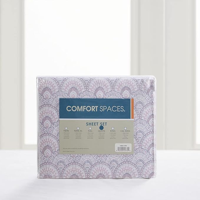 Comfort Spaces 100% Cotton Sheet Set Breathable, Lightweight, Soft with 12" Elastic Pocket Fits up to 14" Mattress, All Season Cozy Bedding, Matching Pillow Case, Twin XL Tabitha Purple 3 Piece