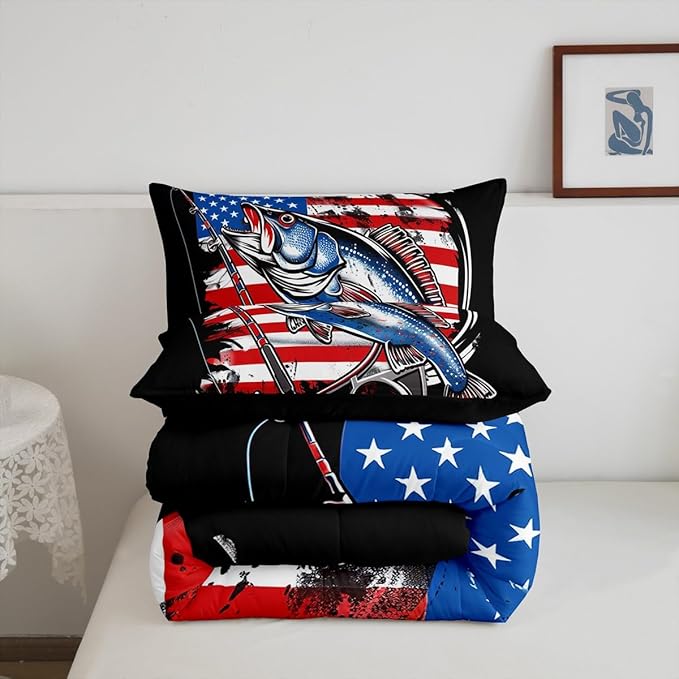 Feelyou American Flag Comforter Set Farmhouse Fishing Bedding Set for Kids Boys Girls Teens Room Wild Fish Decor Comforter Red Blue Stripe Quilted Set 2Pcs Toddler Size