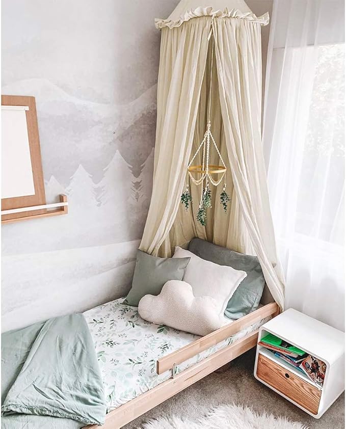 Kids Bed Canopy with Frills Cotton Cover Net for Crib Reading Nook Curtain Hideaway Hanging Round Tent Nursery Bedding Play Room Decor
