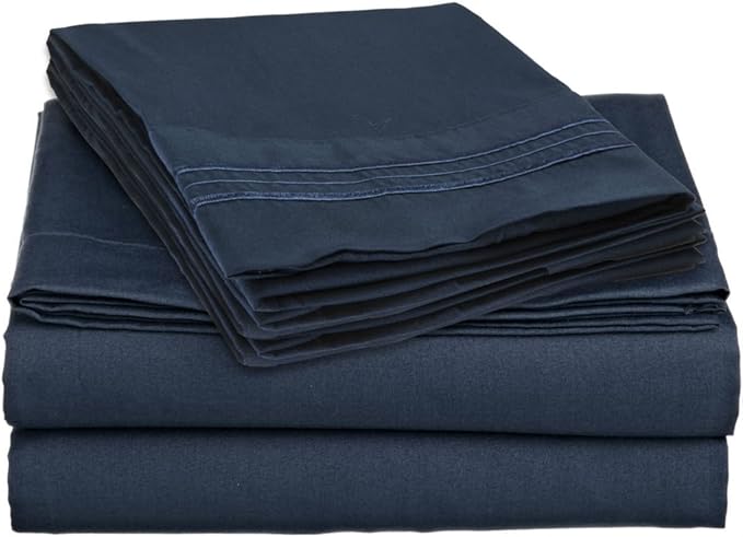 Clara Clark 1800 Series Bed Sheet Sets - Stay fit on Mattress with Elastic Straps at Corners - Cal King Size, Navy Blue