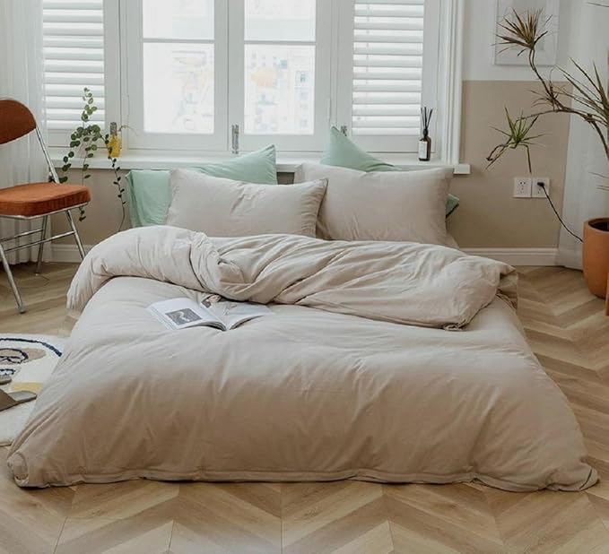 Boho Beige Duvet Cover Jersey Knit Cotton Bedding Duvet Cover Set King Solid Color 3 Pieces Bedding Set Apricot Khaki Comforter Cover Breathable Soft Farmhouse Bedding Set with Zipper Closure King