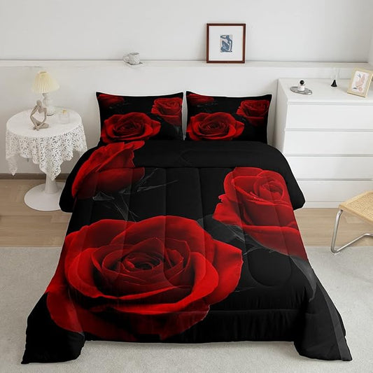 Feelyou Red Roses Bedding Set Luxury Rose Floral Comforter Set for Girls Women Couple Lover Romantic Flowers Comforter Valentine's Day Duvet Set Red Black Bedroom Decor Quilt Set 3Pcs Queen Size