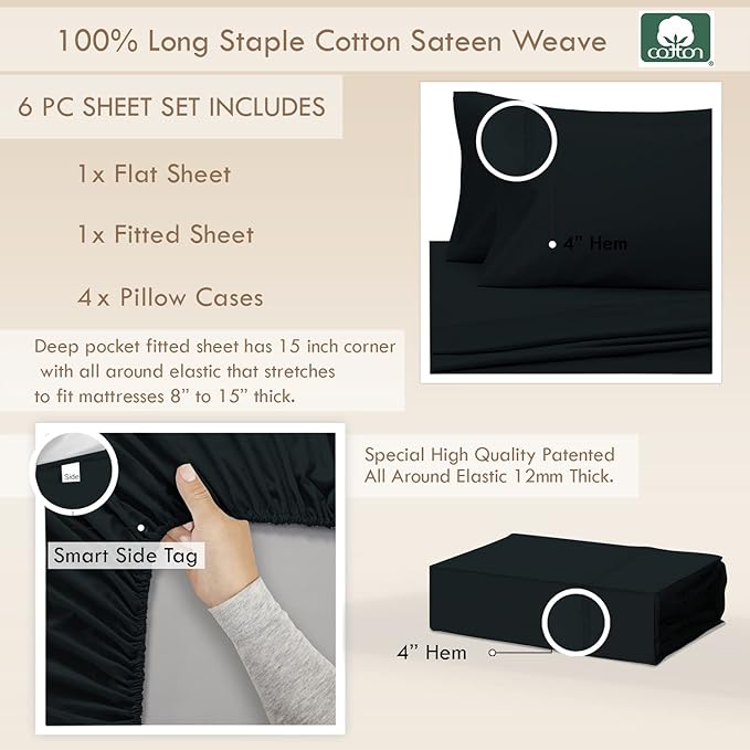 Pizuna Pure 100% Cotton Queen Sheets, Luxurious 400 Thread Count Long Staple Sateen Sheets with 15-Inch Deep Pocket (Combed Black Cotton, Queen Size Sheet Set)