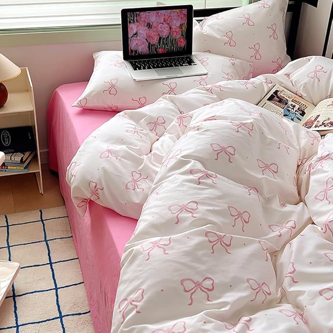 Nayoroom Pink Bow Duvet Cover Twin Size Polka Dot Bowknot Coquette Duvet Cover 2 Pieces Soft Lightweight Microfiber Girls Cute Aesthetic Dorm Bedding Set