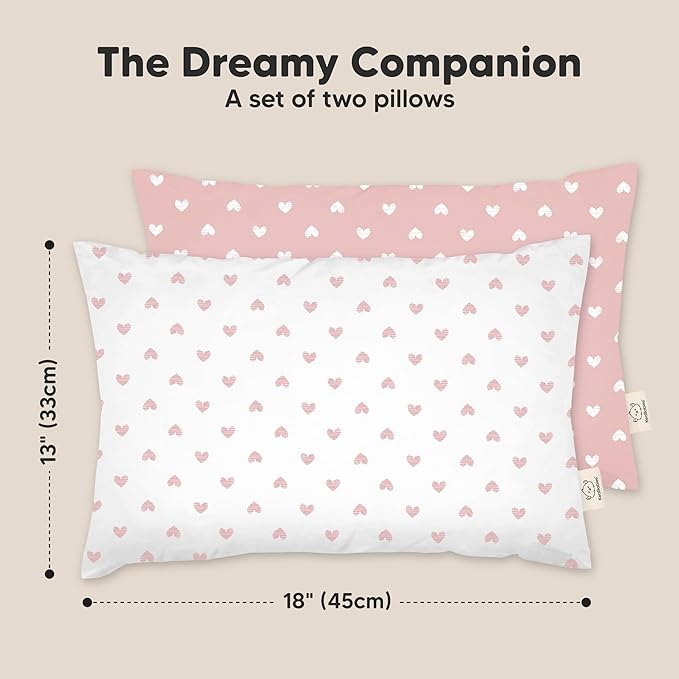 KeaBabies 2-Pack Toddler Pillows 2 Year Old to 5-13x18 Soft Organic Cotton Kids Pillow for Sleeping, Travel, School, Daycare, Nap, Toddler Bed, Machine Washable, Without Pillowcase (Hearts)