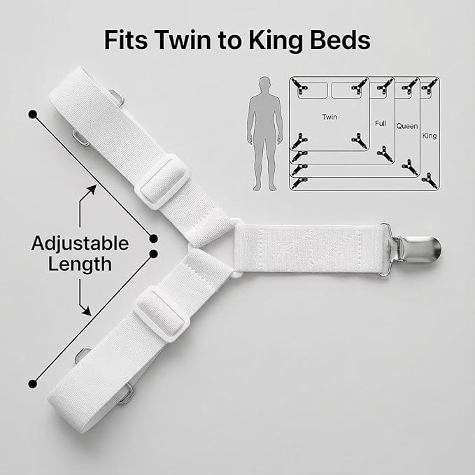 Bed Sheet Straps - Adjustable Sheet Suspenders for Queen King Twin Mattress, Elastic Mattress Straps for Sheets with Metal Clips, 4PCS Triangle Sheet Fasteners (White)