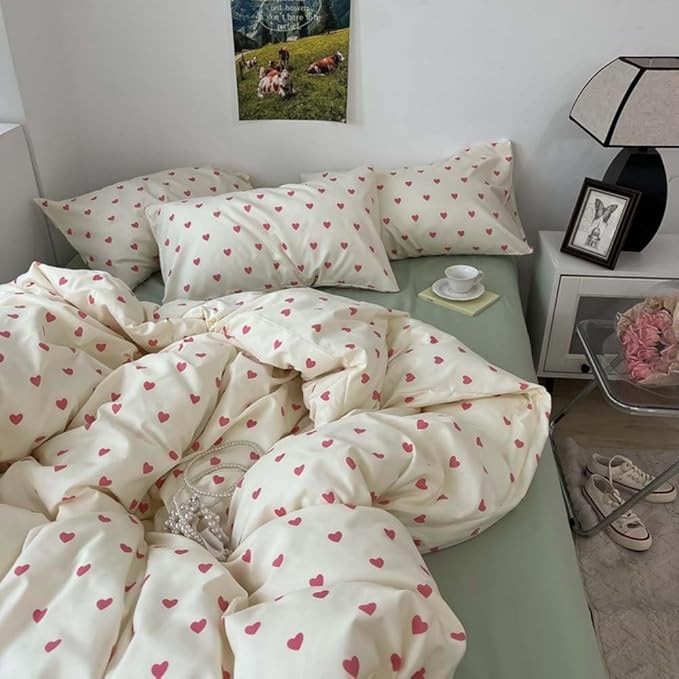 Nayoroom Heart Duvet Cover Full Size Kawaii Pink Heart Printed on Cream White Bedding Set 3Pcs Kids Girls Cute Heart-Shaped Pattern Comforter Cover with Zipper Closure Soft Breathable Microfiber