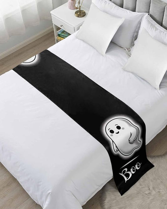 Halloween Cute Ghost Boo Bed Runners for Bedroom Hotel,Decorative Bedding Scarf Black and White Bed End Blanket Bedding Runner Scarves for Queen Size Bed,94x20in