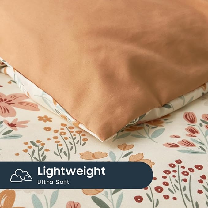 Wake In Cloud - Floral Bedding Set for Girls, Cute Colorful Botanical Flowers Patterned Soft Lightweight Comforter Set with Sheets, 7 Pieces Kids Bed in a Bag, Orange Cream, Queen Size