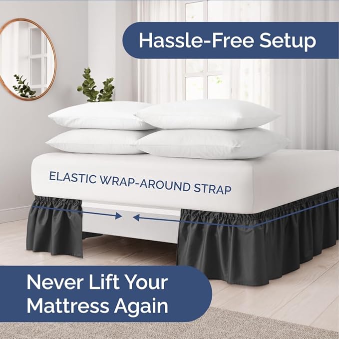 Wrap Around Dust Ruffle Bed Skirt - Black - for Queen Size Beds with 21 Inch Drop - Easy Fit Elastic Strap - Adjustable Pleated Bedskirt w/Brushed Fabric - Wrinkle Free - for Women, Men, Kids & Teens