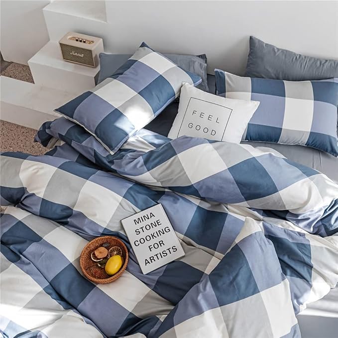 Plaid Comforter Set Full Modern Style Checkered Pattern Comforter for Men Boys Blue White Grey Geometric Comforter with 2 Pillowcases Soft Fluffy 3 Pieces Lightweight Bedding Set Full Comforter Set
