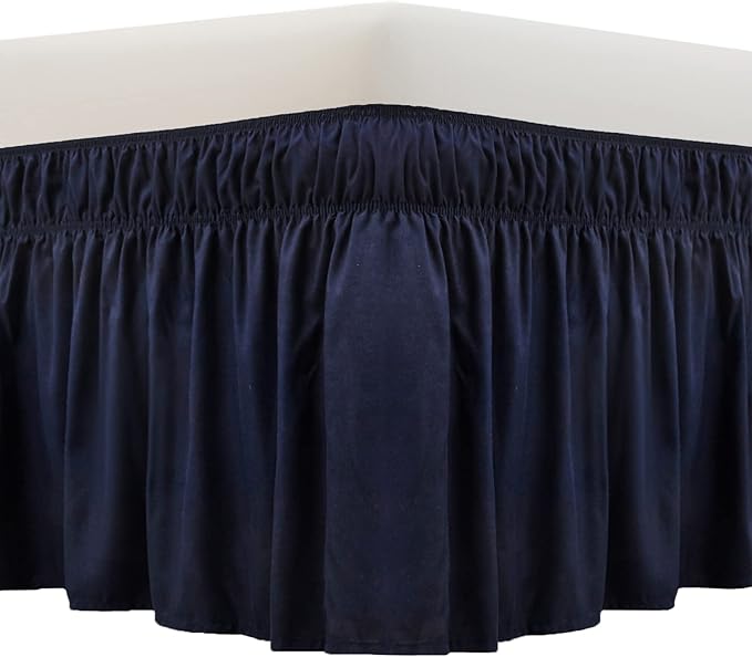 MEILA Wrap Around Bed Skirt Three Fabric Sides Elastic Dust Ruffled 18 Inch Tailored Drop,Easy to Install Fade Resistant-Navy Blue, Twin/Full