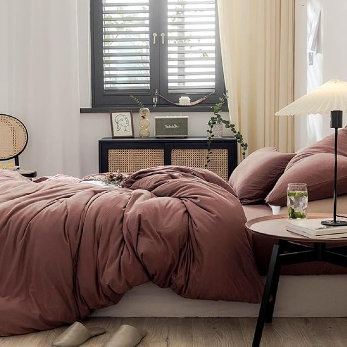 LifeTB Brick Red Duvet Cover Queen Size Soft Jersey Knit Cotton Bedding Set Minimalist Clay Rust Red Comforter Cover 3 Pieces Solid Color Bedding Knitted Cotton Duvet Cover with 2 Pillowcases
