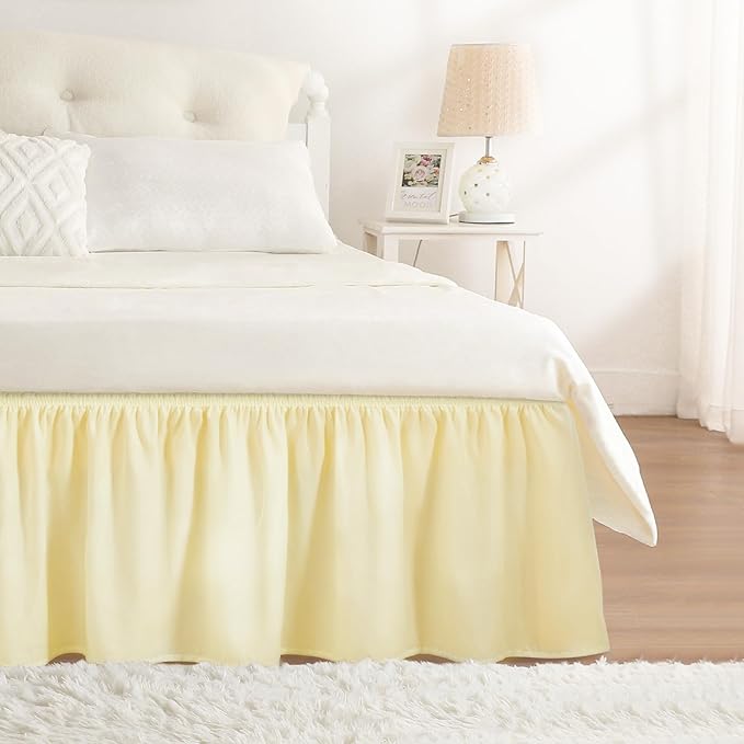 RIMELA Full Bed Skirt 15 Inch Drop, Wrap Around Elastic Bedskirt Solid Microfiber Luxury Hotel Quality Fabric, Easy to Install Machine Washable Wrinkle & Fade Resistant, Light Yellow