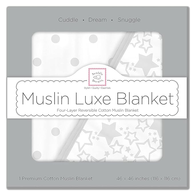 SwaddleDesigns 4-Layer Cotton Muslin Luxe Blanket, Baby and Toddler Cuddle and Dream, 46x46 inches, Sterling Starshine and Dots