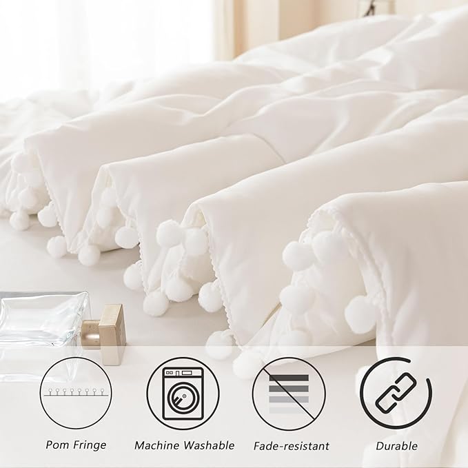 PERFEMET 5 Pcs Ivory Comforter Sets Full Size Pom Pom Fringe Solid Bedding Set with Sheets Soft Lightweight White Kids Bed in A Bag for Girls Boys(Ivory, Full)