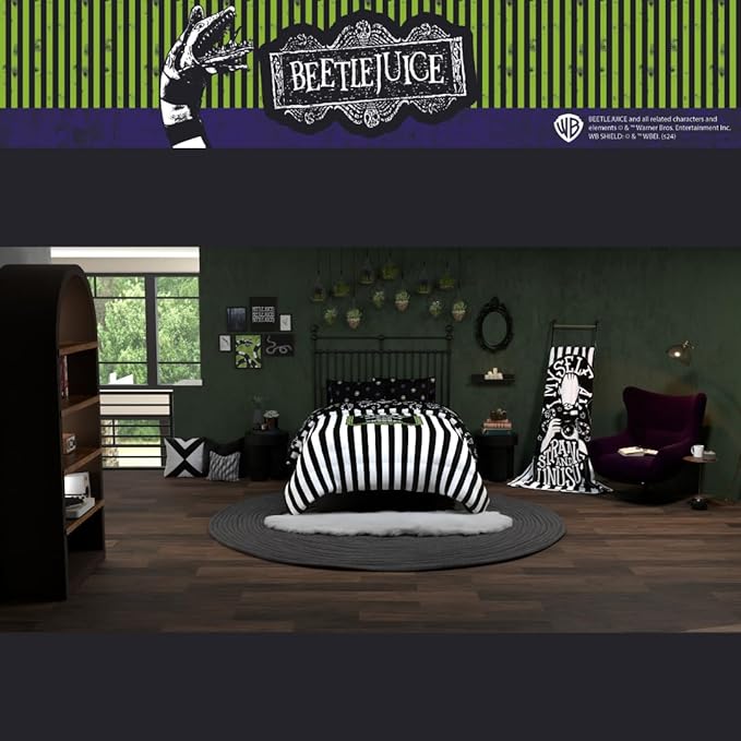 Franco Collectibles Beetlejuice Halloween Striped Bedding 5 Piece Super Soft Reversible Comforter and Sheet Set, Queen, (Officially Licensed Product)