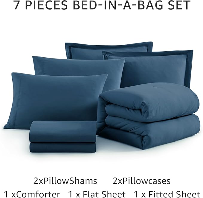 WRENSONGE Queen Comforter Sets- 7 Pieces Soft Serenity Blue Bed in a Bag with Fitted Sheet, Flat Sheet, 2 Pillow Shams, and 2 Pillowcases- Warm Bedding Sets Queen for All Season