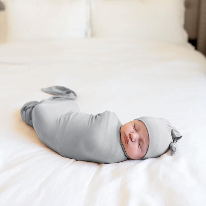 Large Jersey Knitted Swaddle Blanket for Baby, Soft Stretchy Receiving Blanket for Newborns with Hat, Baby Nursery Swaddle 47 x 47 inches(Gray)