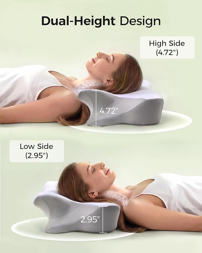 Cervical Memory Foam Pillow for Neck Pain Relief, Ergonomic Contour Pillow for Side, Back and Stomach Sleepers, Cooling Removable Breathable Pillowcase, Dual-Height Design
