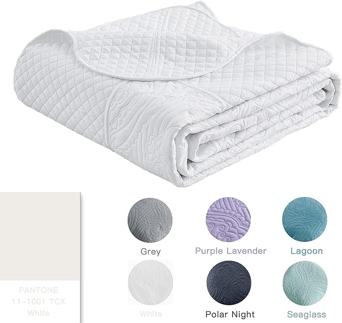 HZ & HY Oversized King Bedspread 128x120 Extra Wide, Ultrasonic Coverlet Bedding Set, Lightweight Thin Comforter, Reversible, 5 Piece, 100% Microfiber, White