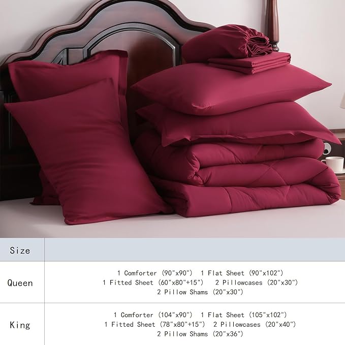 NTBAY King Comforter Set with Sheets, 7 Pieces Soft and Breathable King Bedding Set, Bed in a Bag, Down Alternative Comforter Set Solid Color All Season, Wine Red