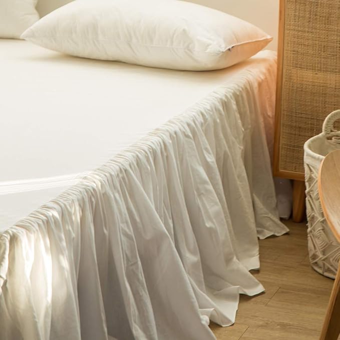 Simple&Opulence Belgian Linen Bed Skirt with Classic 14 inch Tailored Drop Dust Ruffle, Easy Fit Breathable Premium Natural Flax- Pleated White, Twin