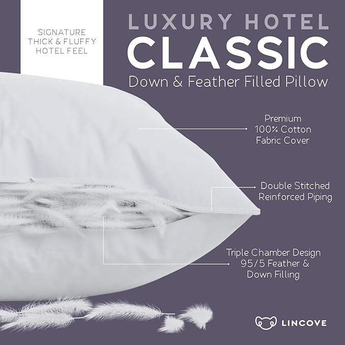 Lincove Down and Feather Luxury Hotel Collection Bed Pillows for Sleeping Made in The USA - 100% Cotton Shell, 600 Thread Count - Soft Hypoallergenic (King Size, Pack of 2)