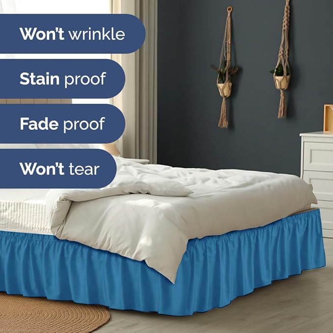 Wrap Around Dust Ruffle Bed Skirt - Denim Blue - Twin/Twin XL Size Beds with 24 Inch Drop - Elastic Strap - Adjustable Pleated Bedskirt with Brushed Fabric and Wrinkle Free - Women, Men, Kids & Teens