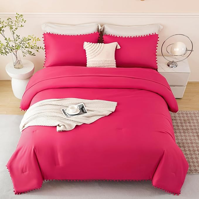 PERFEMET 5-Piece Hot Pink Comforter Sets Twin Size Pom Pom Girls Bedding Set with Sheets Soft Aesthetic Boho Bed in a Bag Solid Bedding Comforter for All Season(Hot Pink, Twin)